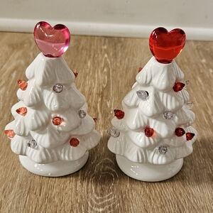 Set of two mini ceramic heart christmas trees valentines ceramic tree with light